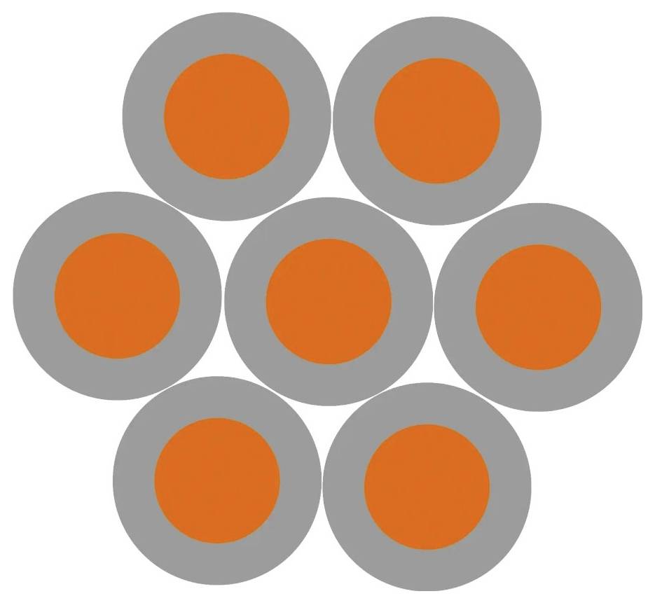Sieben orange Kreise, angeordnet in Form einer Blume, sind von einem grauen Rand umgeben. Sie bilden ein symmetrisches Muster.