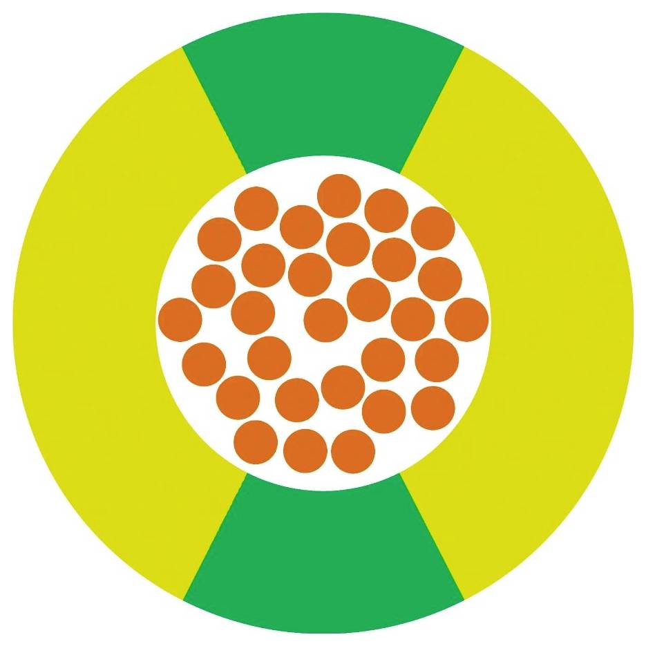 Ein Kreisdiagramm zeigt einen Kreis, der in grün und gelb unterteilt ist, mit orangefarbenen Punkten in der Mitte.