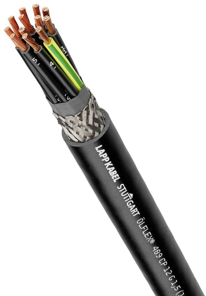 Schwarzes Kabel mit sichtbaren Kupferdrähten und Beschriftung 'LAPPKABEL STUTTGART ÖLFLEX'. Geeignet für elektrische Verbindungen.