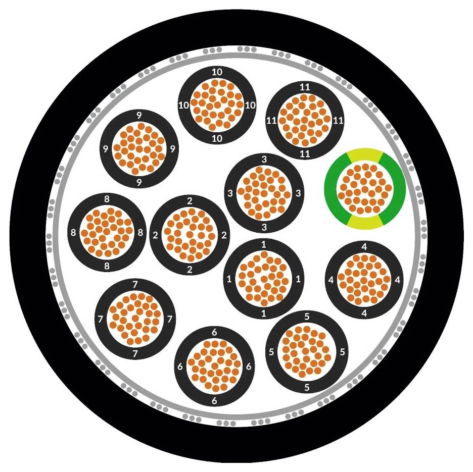 Diagramm eines Kabels mit 13 Leitern, nummeriert von 0 bis 11. Ein Leiter ist grün markiert. Jeder Leiter enthält orange Punkte.