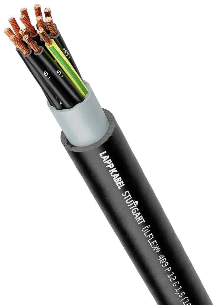 Ein schwarzes Elektrokabel mit der Aufschrift 'LAPPKABEL STUTTGART ÖLFLEX®'. Mehrere Kupferdrähte sind sichtbar.