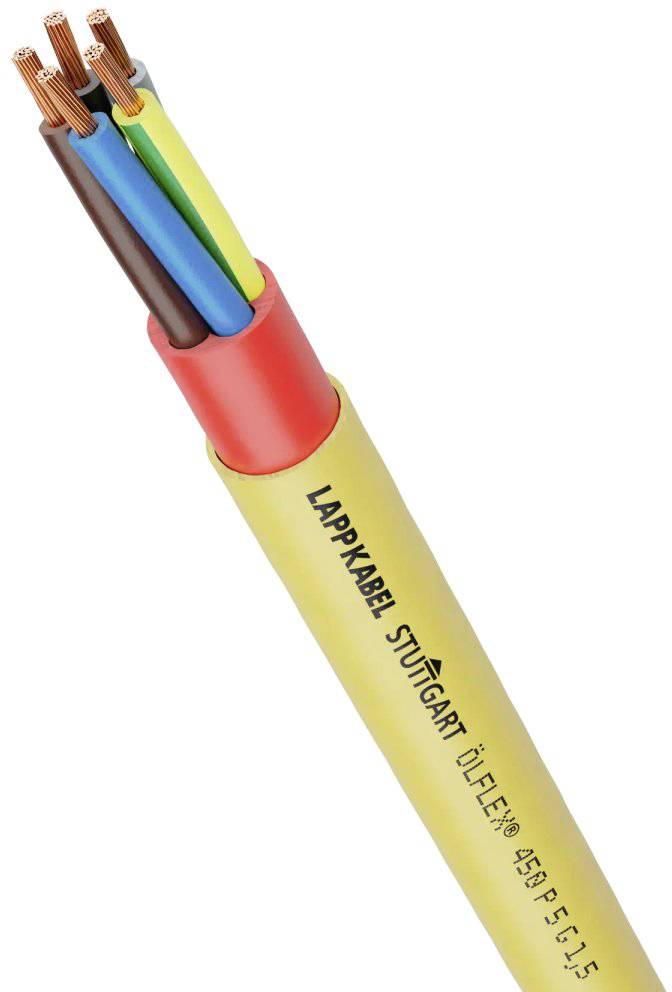 Ein mehradriges Stromkabel mit isolierten, verschiedenfarbigen Leitern. Aufschrift auf dem Kabel: 'Lapp Kabel Ölflex'.