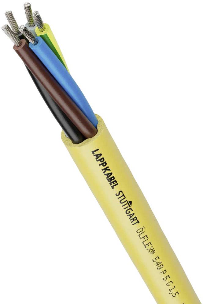 Elektrokabel mit vier farbcodierten Drähten: braun, blau, schwarz, gelb/grün, teilweise von gelber Isolierung umgeben. Markierung: 'LAPPKABEL STUTTGART'.