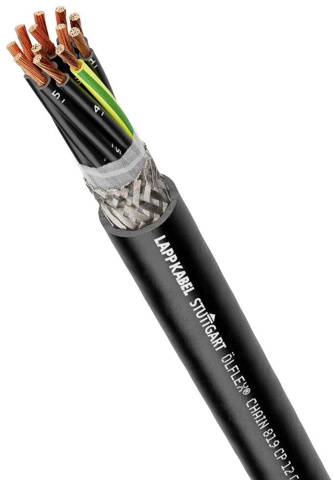 Ein mehradriges Industriestromkabel mit Beschriftung ‘LAPP KABEL STUTTGART ÖLFLEX’. Sichtbare Kupferdrähte an einem Ende.