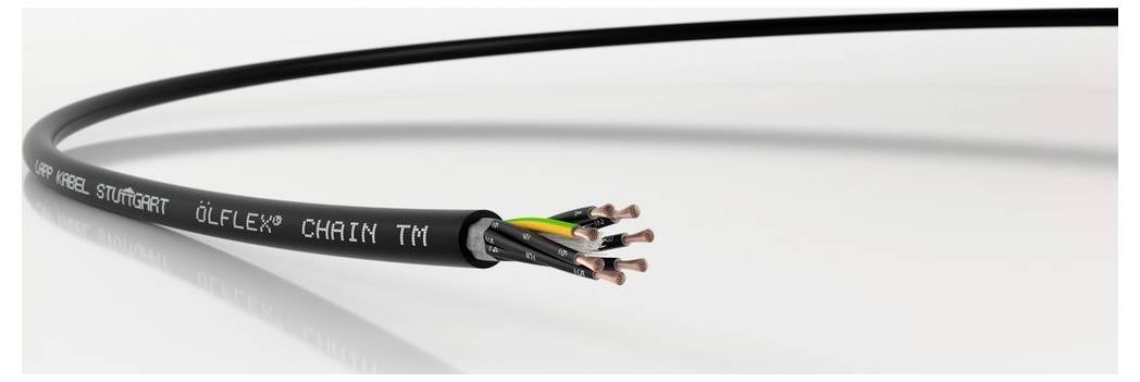 Ein schwarzes Kabel mit der Aufschrift 'ÖLFLEX® CHAIN TM', zeigt geöffnete Kupferdrähte am Ende, auf weißem Hintergrund.