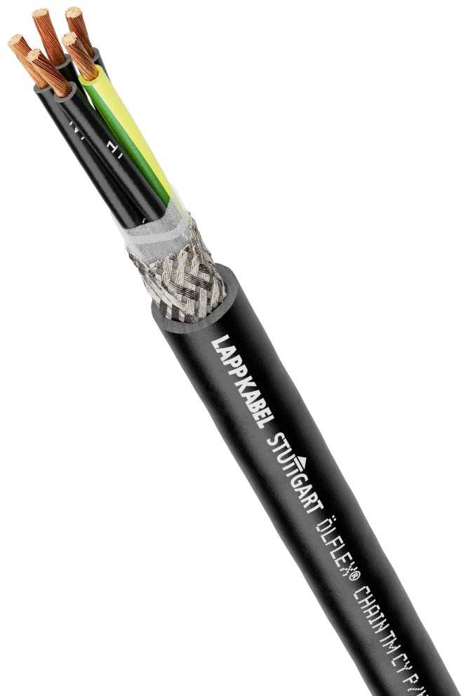 Schwarzes Kabel mit vier Kupferdrähten, teils grün-gelb ummantelt. Aufschrift 'Lappkabel Stuttgart'. Geeignet für industrielle Anwendungen.