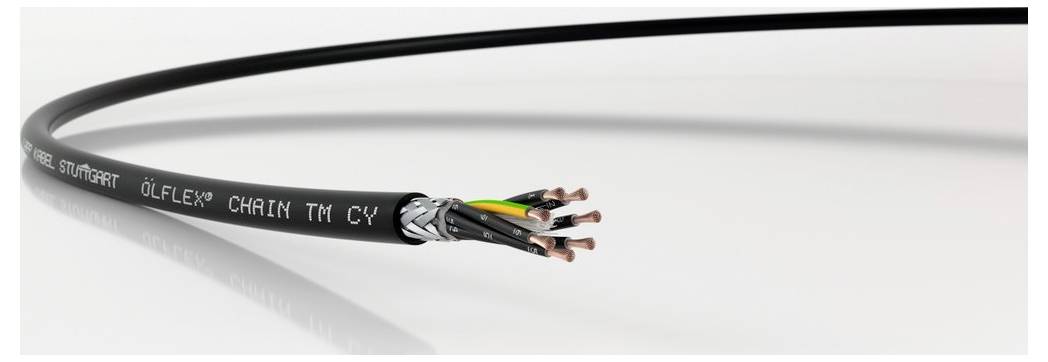 Ein schwarzes, flexibles Kabel mit mehreren farbigen Drähten, teils abisoliert. Aufschrift: 'ÖLFLEX CHAIN TM CY'. Geeignet für dynamische Anwendungen.