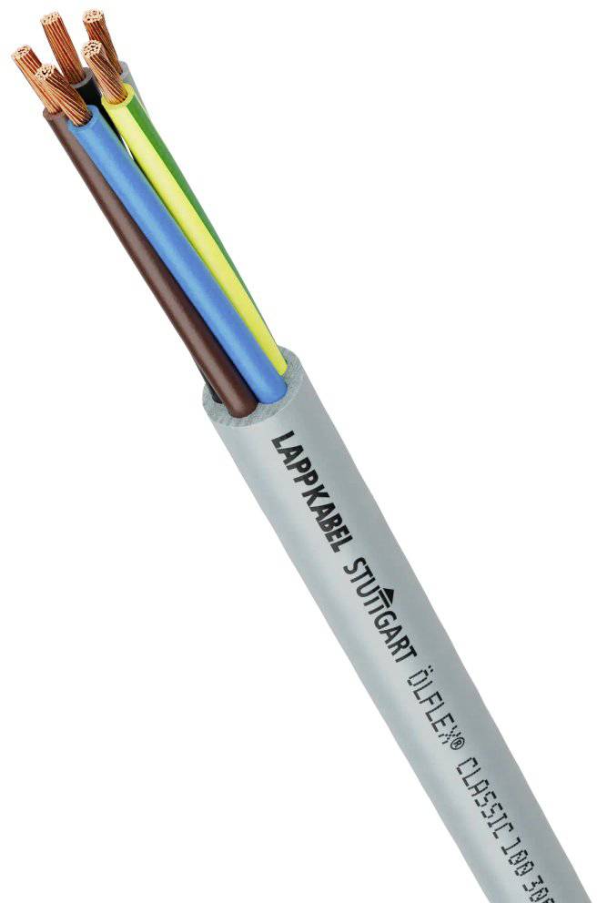 Ein graues Elektrokabel, das vier unterschiedlich farbige Kupferdrähte enthält: braun, blau, gelb-grün und schwarz. Aufdruck: 'LAPPKABEL STUTTGART ÖLFLEX'.