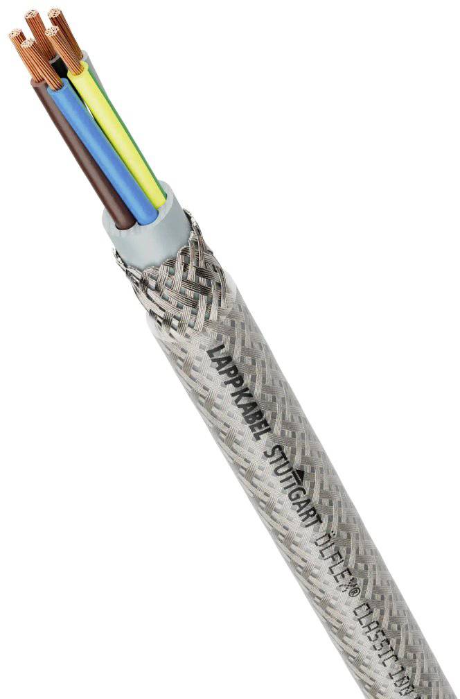 Ein mehradriges Elektrokabel mit metallener Abschirmung. Sichtbare Adern in Braun, Blau und Gelb-Grün. Beschriftung: 'Stuttgart'.
