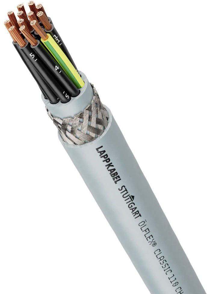Nahaufnahme eines grauen Kabels mit sichtbaren Kupferdrähten und Beschriftung 'Lapp Kabel Stuttgart Ölflex Classic 110'.