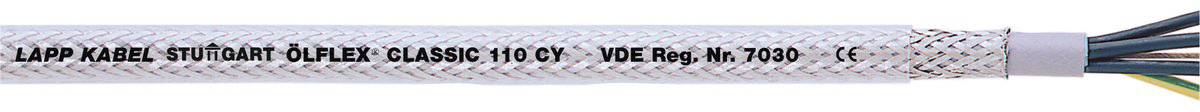 Ein Kabel mit der Aufschrift 'Lapp Kabel Stuttgart Ölflex Classic 110 CY - VDE Reg. Nr. 7030', zeigt Drahtgeflecht und mehrere Drähte.