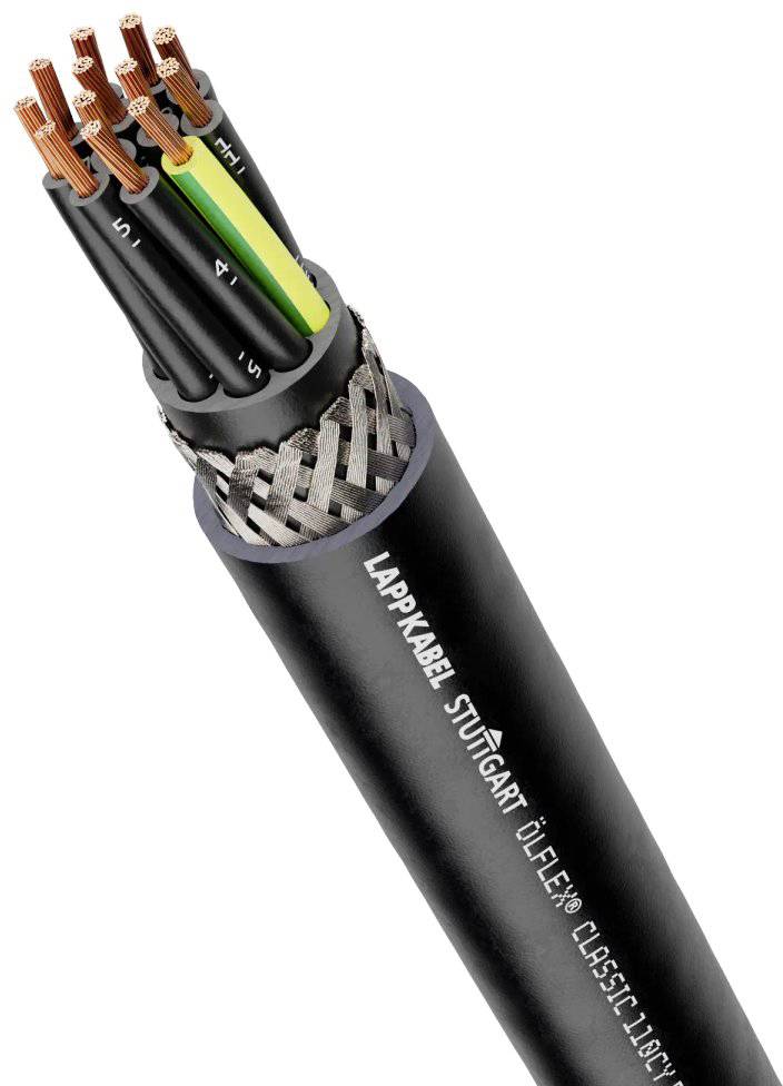 Ein schwarzes, mehradriges Kabel mit freiliegenden, nummerierten Kupferdrähten. Die Isolierung zeigt den Aufdruck 'ÖLFLEX CLASSIC 110'.