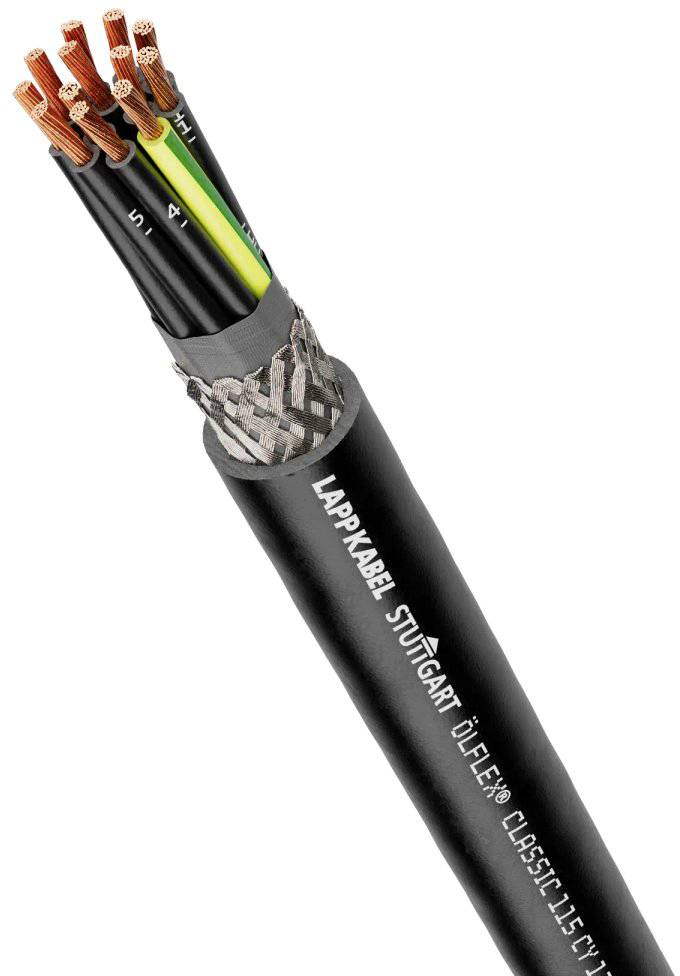 Schwarzes Industriekabel mit mehreren farbcodierten Kupferleitern und Isolierung. Aufschrift: 'LAPPKABEL STUTTGART ÖLFLEX CLASSIC 115 CY'.