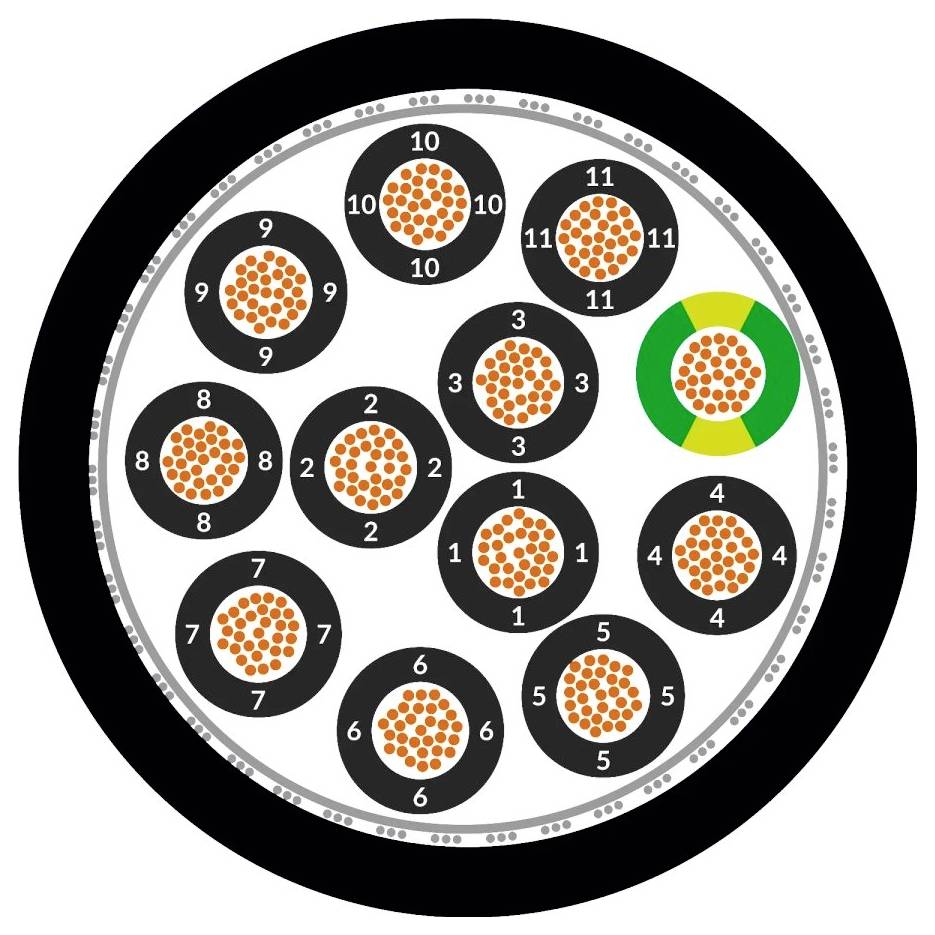 Querschnitt eines Kabels mit elf schwarzen, nummerierten Litzenbündeln, eines markiert mit grün/gelb, alle im Kreis angeordnet.