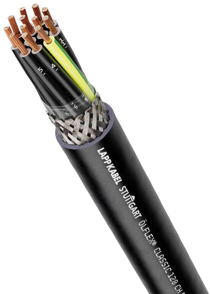 Ein elektrisches Kabel mit mehreren Adern und Schutzmantel. Aufschrift 'ÖLFLEX CLASSIC 128CH'. Herstellername 'LAPPKABEL'.