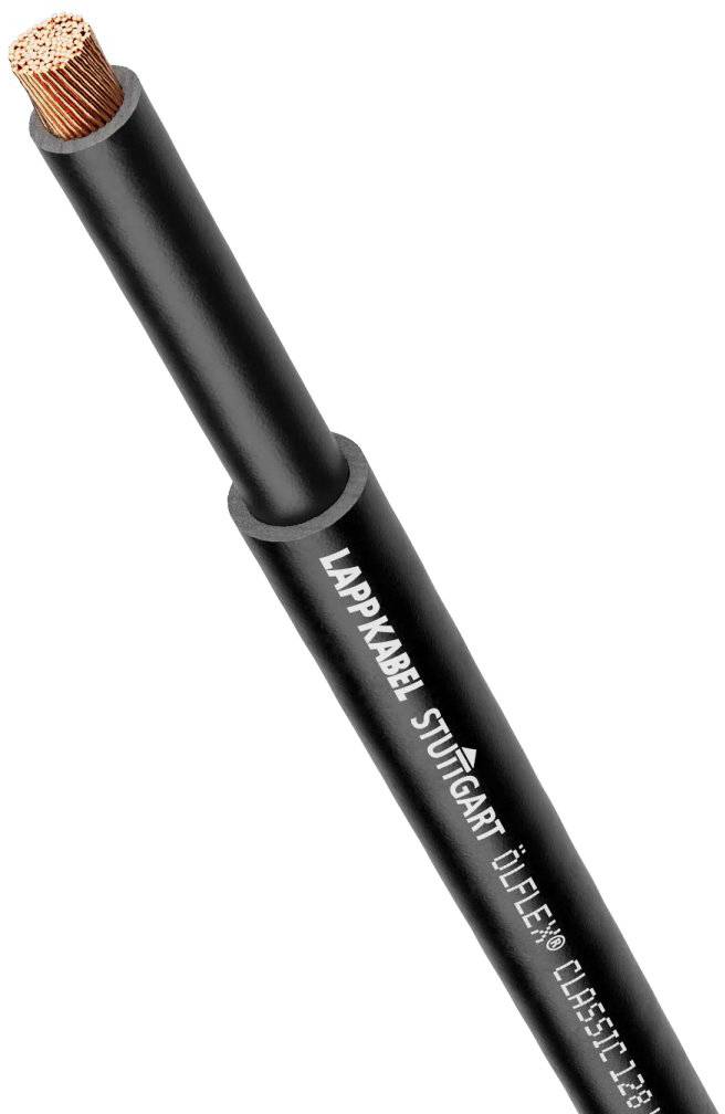 Schwarzes Kabel mit der Aufschrift 'LAPPKABEL STUTTGART ÖLFLEX® CLASSIC 110'. Sichtbar sind die Kupferdrähte am Ende.