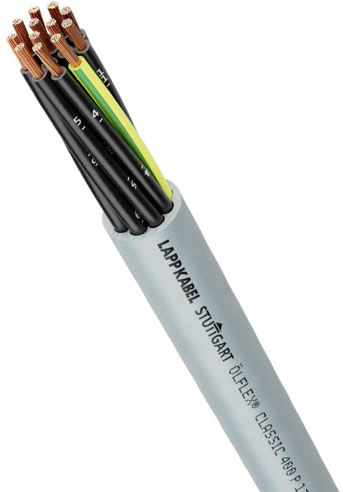 Ein mehradriges Kabel mit Kupferdrähten und einer grauen Isolierung. Auf dem Kabel steht 'LAPPKABEL STUTTGART ÖLFLEX CLASSIC 110'.