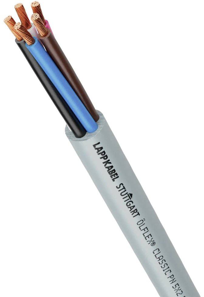 Vieradriges Elektrokabel der Marke Lappkabel. Außenmantel grau, Adern in braun, schwarz, blau und gelb-grün.