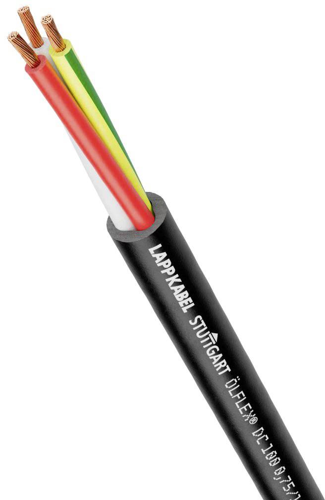 Elektrokabel mit Text 'LAPPKABEL STUTTGART'. Kabel zeigt farbige Drähte: rot, grün-gelb, schwarz.