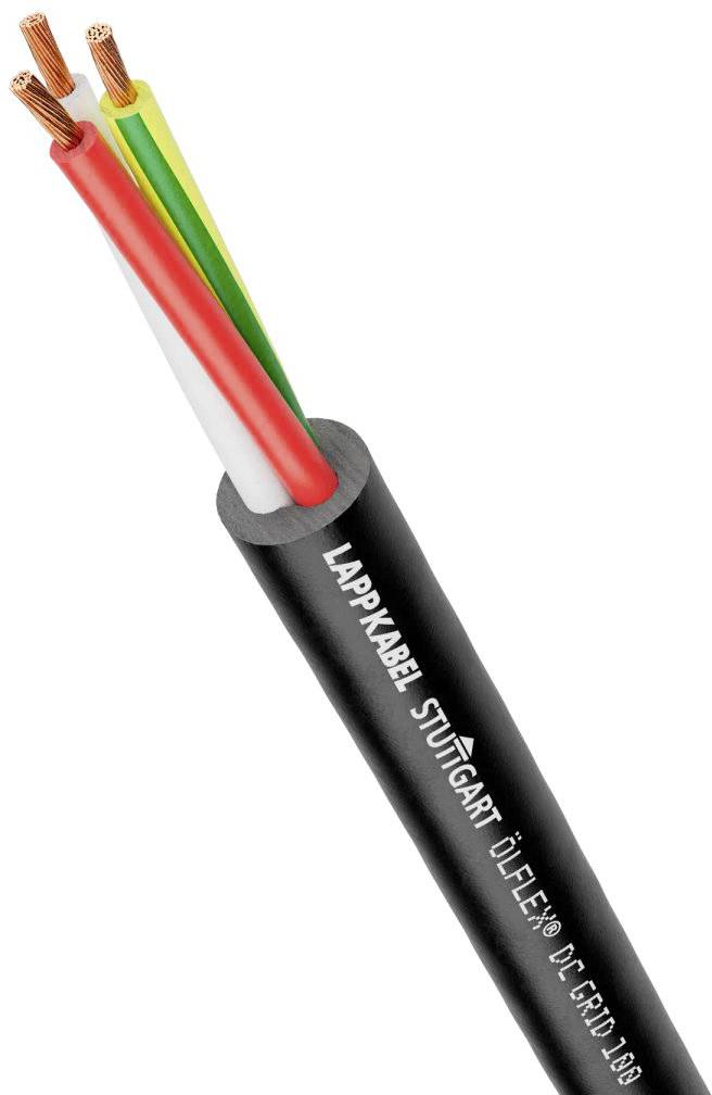 Ein schwarzes Kabel mit drei farbigen Kupferkernen (gelb-grün, rot, weiß). Aufschrift: 'Lappkabel Stuttgart Ölflex 110'.