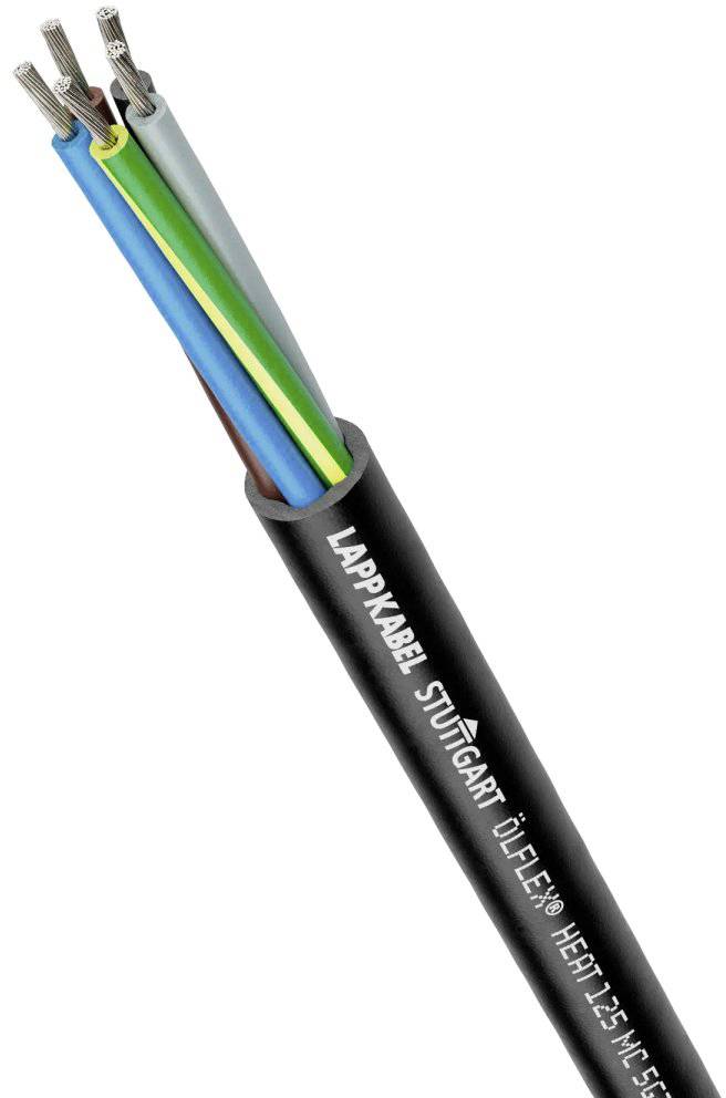 Ein schwarzes Kabel mit vier farbigen Adern: blau, grün-gelb, braun und grau. Aufschrift 'Lapp Kabel Stuttgart'.