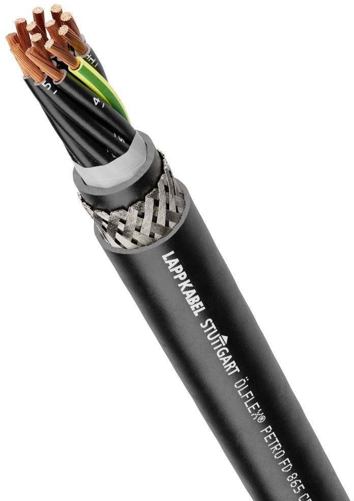 Schwarzes, robustes Lappkabel mit freiliegenden Kupferadern, geeignet für industrielle Anwendungen, inklusive Brandschutzschirm.