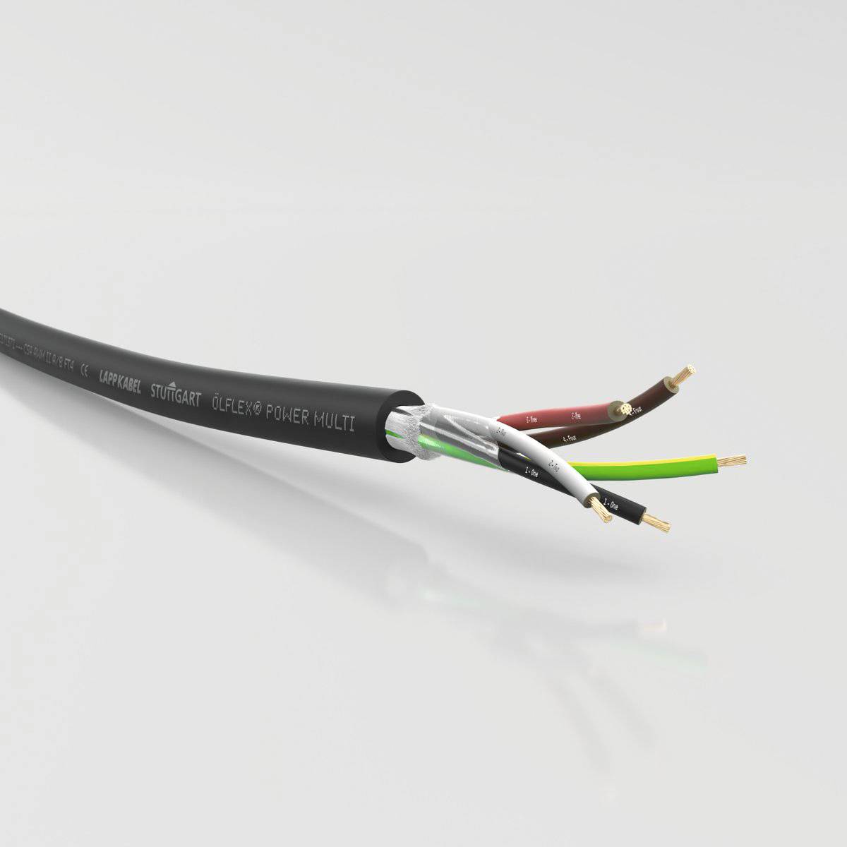 Ein Stromkabel mit vier farbigen Drähten (schwarz, rot, grün-gelb, braun) ragt heraus, geeignet für elektrische Installationen.