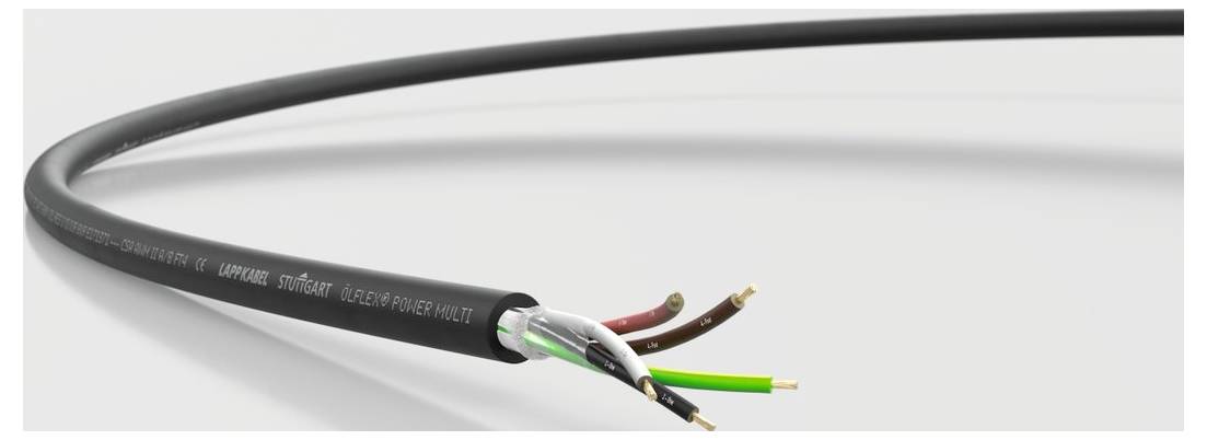 Ein schwarzes Kabel mit offenen Enden zeigt drei farbige Drähte: grün-gelb, braun und blau. Der Text auf dem Kabel ist teils sichtbar.