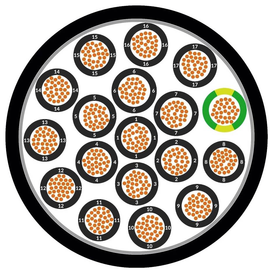 Ein Diagramm zeigt einen Querschnitt eines mehradrigen Kabels. 18 schwarze Drähte mit orangefarbenen Kernen, einer ist grün umrandet.
