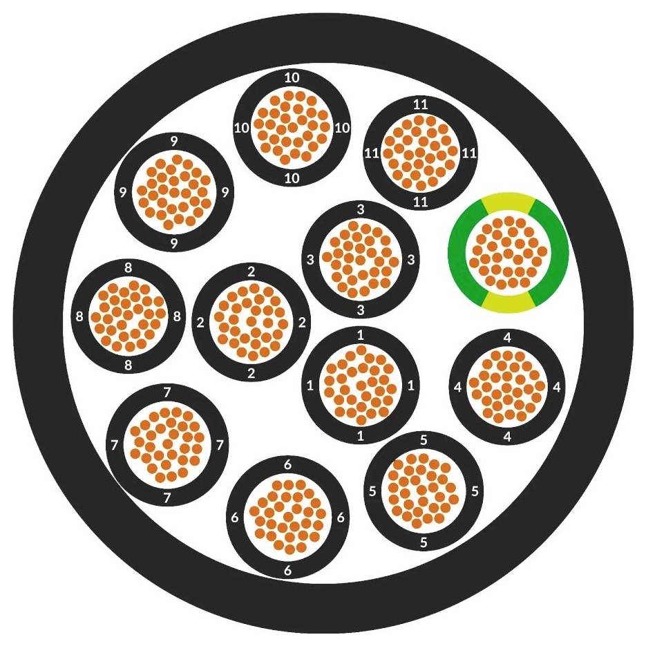 Das Bild zeigt eine schematische Darstellung eines komplexen Kabels mit zwölf kleineren, nummerierten Kabeln im Inneren, die jeweils aus vielen orangefarbenen Punkten bestehen. Ein Teil ist grün hervorgehoben.