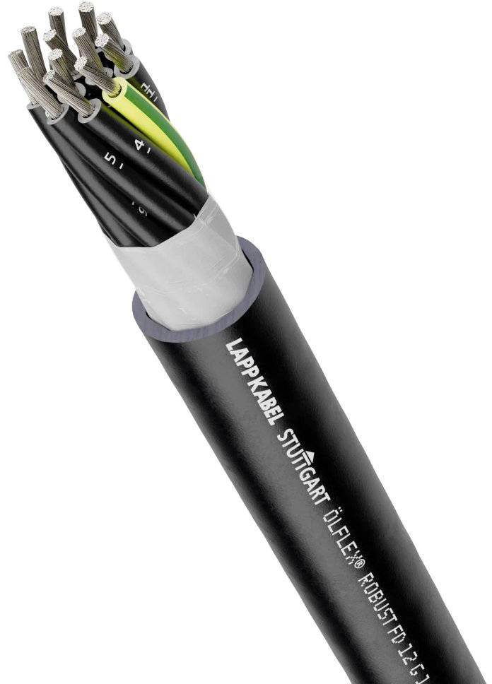 Ein schwarzes Industriekabel, auf dem 'ÖLFLEX® ROBUST FD 12G1,5' und 'LAPPKABEL STUTTGART' steht. Sichtbare Adern mit Beschriftung.