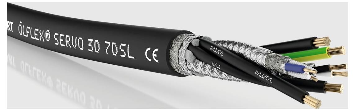 Ein schwarzes, aufgeschnittenes Kabel zeigt mehrere farbige Drähte und ein metallisches Geflecht. Text auf dem Kabel: 'Ölflex® Servo 3D 7DSL CE'.