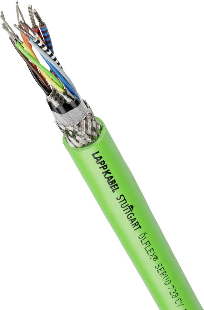 Ein grünes, mehradriges Kabel von Lappkabel mit der Aufschrift 'ÖLFLEX SERVO 7Y CY'. Es zeigt freigelegte bunte Drähte.