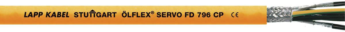 Ein orangefarbenes Kabel mit schwarzem Text 'LAPP KABEL STUTTGART ÖLFLEX SERVO FD 796 CP CE', Kabelenden zeigen Innenleiter.
