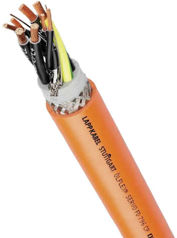 Ein oranges, flexibles Kabel mit mehreren isolierten Kupferleitern ist teilweise enthüllt. Auf dem Kabel steht 'Lappkabel Stuttgart Ölflex'.
