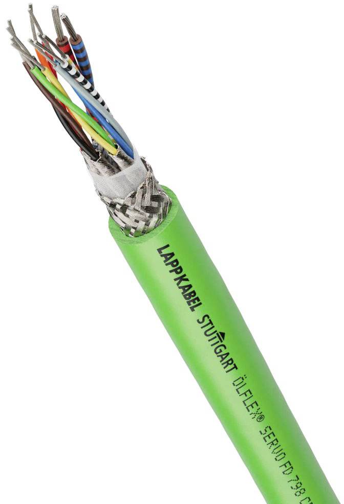 Grünes Kabel mit freigelegten, bunten Adern und metallener Abschirmung. Aufschrift: 'LAPP KABEL STUTTGART ÖLFLEX SERVO FD 798 CP'.