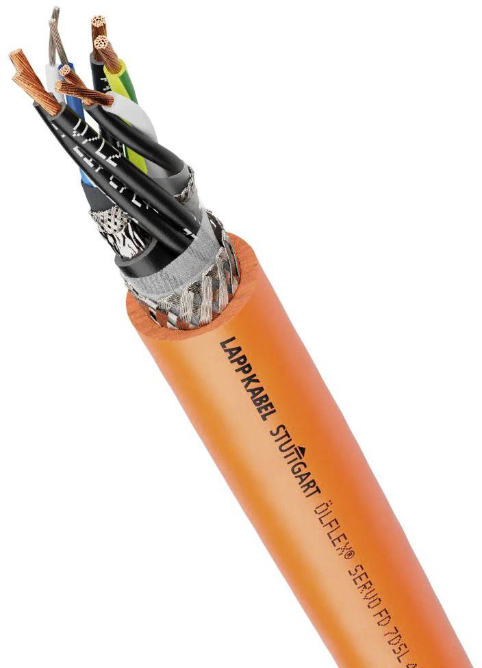 Ein orangefarbenes Lapp-Kabel mit sichtbaren Kupferdrähten und schwarzer Isolierung. Markierung: 'LAPP KABEL ÖLFLEX® SERVO FD 796 CP'.
