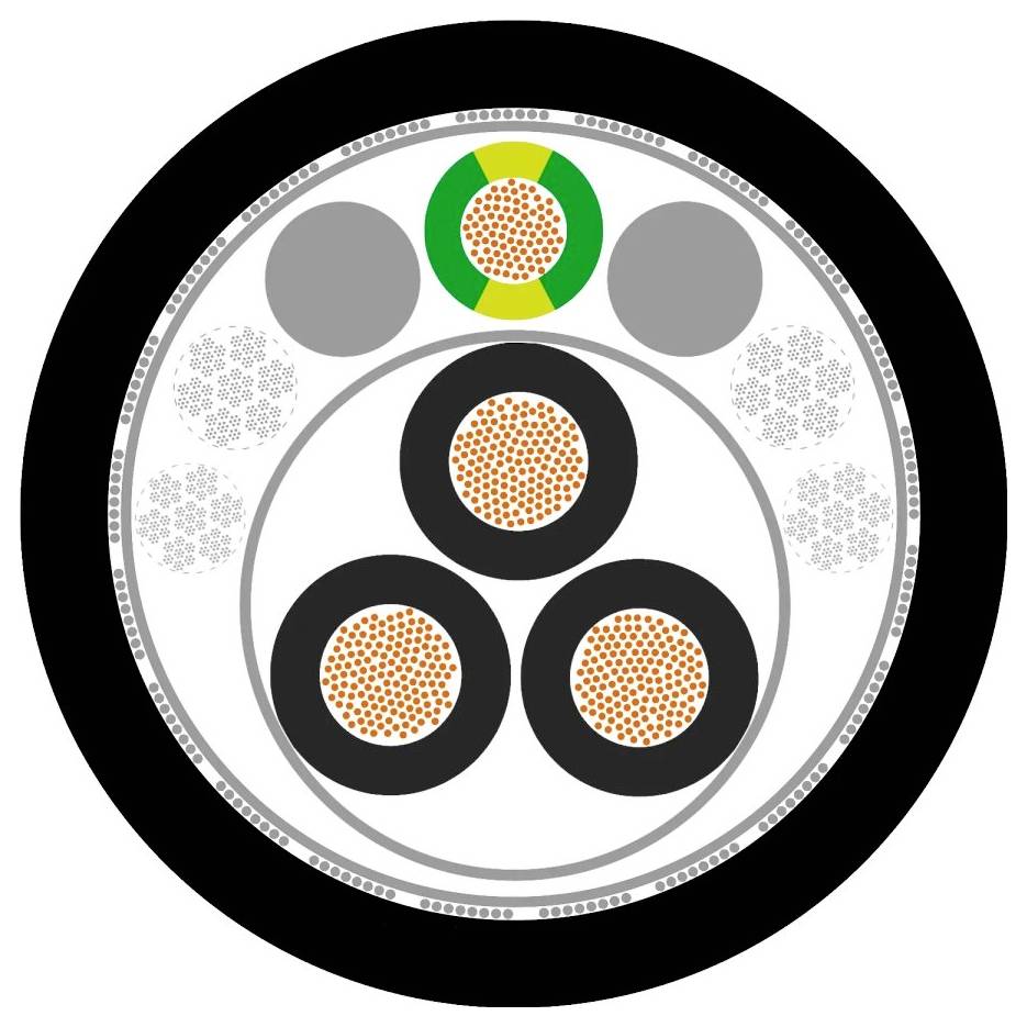 Querschnitt eines Kabels mit mehreren Schichten: schwarzer Außenmantel, dann kleinere Kreise in grün/gelb, grau und orange gekennzeichnet.