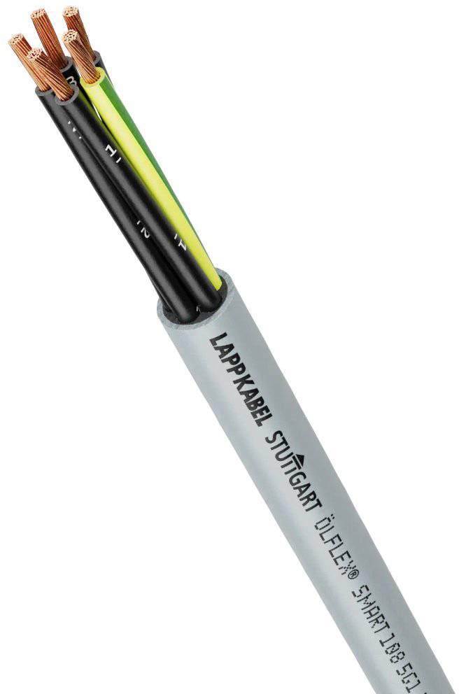 Ein graues Kabel mit vier abisolierten Kupferlitzen, zwei schwarze, ein braunes und ein gelb-grünes, beschriftet mit 'LAPPKABEL'.