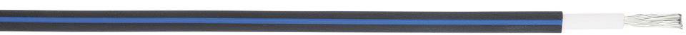 Flachbandkabel mit schwarzem und blauem Streifen, sichtbarer silberner Draht an einem Ende.