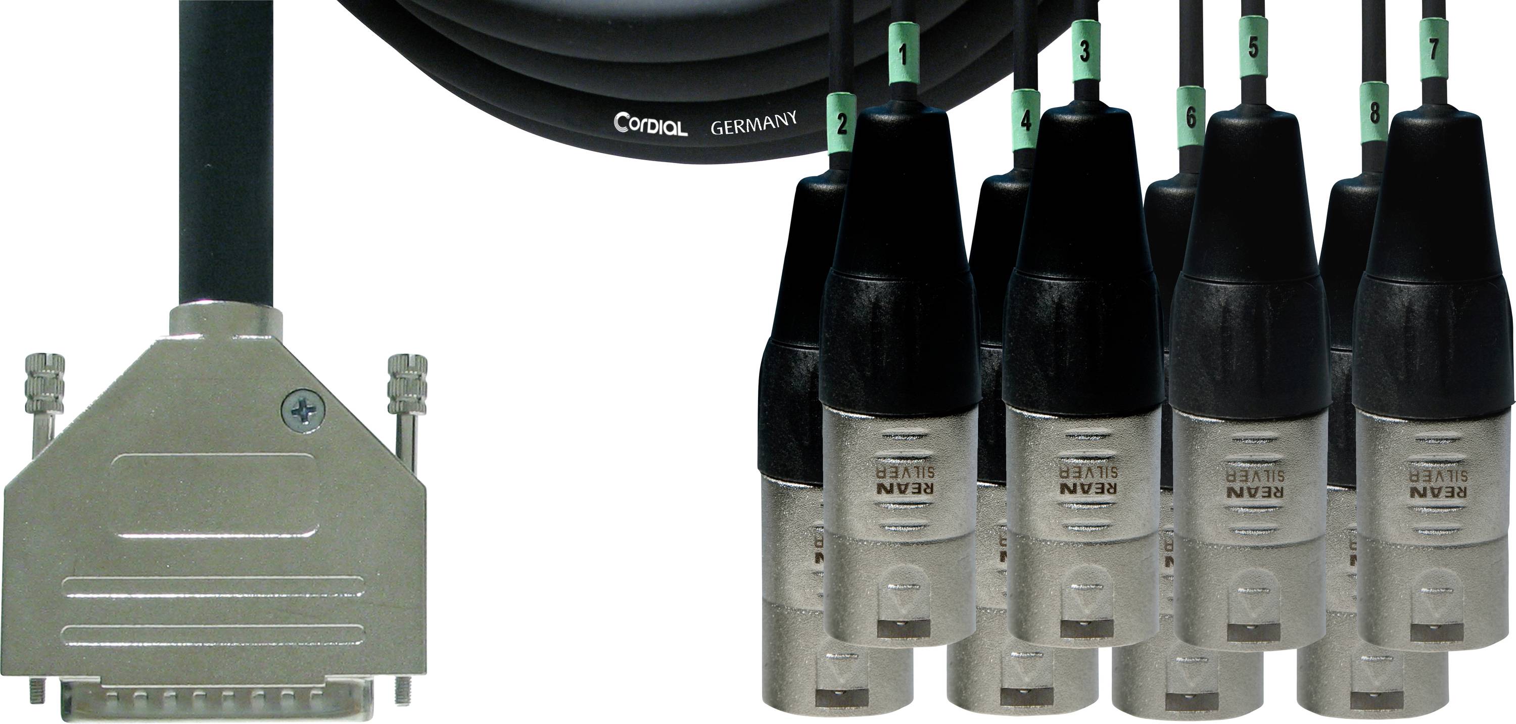Audio-Multicore-Kabel mit sechs XLR-Steckern und einem Sub-D-Stecker, geeignet für professionelle Audioanwendungen, Marke Cordial.