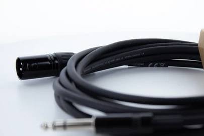 Ein schwarzes XLR-Kabel mit einem Klinkenstecker und einem XLR-Anschluss auf einem weißen Hintergrund.
