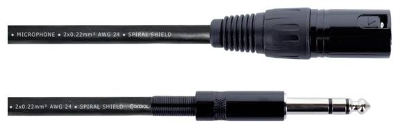 Ein schwarzes Audiokabel mit XLR-Stecker auf der einen und einem 6,3 mm Klinkenstecker auf der anderen Seite, ideal für Mikrofonanschlüsse.