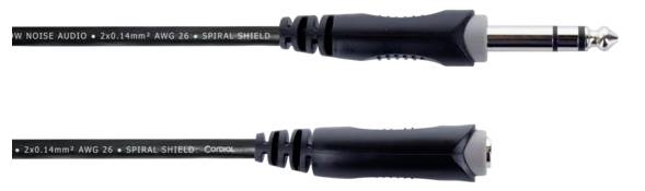 Zwei Audio-Kabelstecker: Oben ein 6,35 mm Klinkenstecker, unten eine 6,35 mm Buchse. Beide sind schwarz mit silbernen Kontakten.