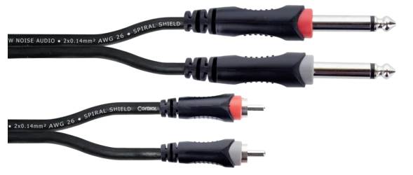 Zwei Audiokabel mit Steckern: Ein Kabel hat große Klinkenstecker, das andere kleine. Beide sind für Audioverbindungen geeignet.