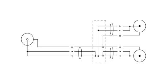 Schaltplan mit kreisförmigen Objekten, die über Leitungen miteinander verbunden sind; zeigt die Struktur eines elektrischen Systems.