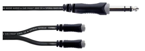 Ein Y-Kabel mit einem 6,35-mm-Klinkenstecker auf zwei 3,5-mm-Klinkenstecker, geeignet zur Audioverbindung von Geräten.