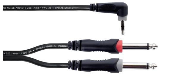 Ein Audiokabel mit einem 3,5-mm-Klinkenstecker und zwei 6,3-mm-Klinkensteckern. Der Aufbau zeigt ein Stereo-Audiokabel.