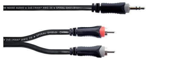 Ein AUX-Kabel mit einem 3,5-mm-Stecker oben und zwei Cinch-Steckern mit rotem und weißem Ring unten.