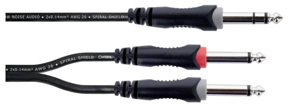 Drei Klinkenstecker-Kabel, obere zwei identisch schwarz, unteres mit rotem Ring, zeigen in dieselbe Richtung auf hellem Hintergrund.